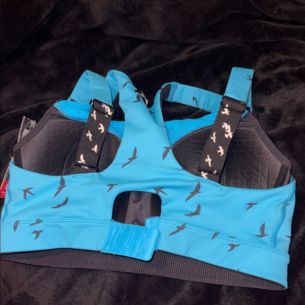Oiselle Teal Bra with Black Bird Pattern 36C New - Picture 5 of 11
